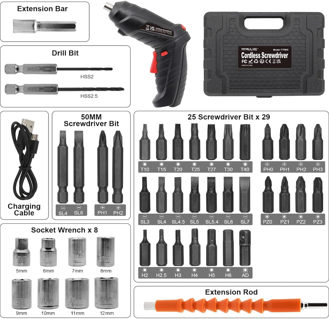 TorqueMate Pro Cordless Electric Screwdriver Set | 3.6V USB Rechargeable Power Screwdriver with 47-Piece Accessory Kit & LED Work Light