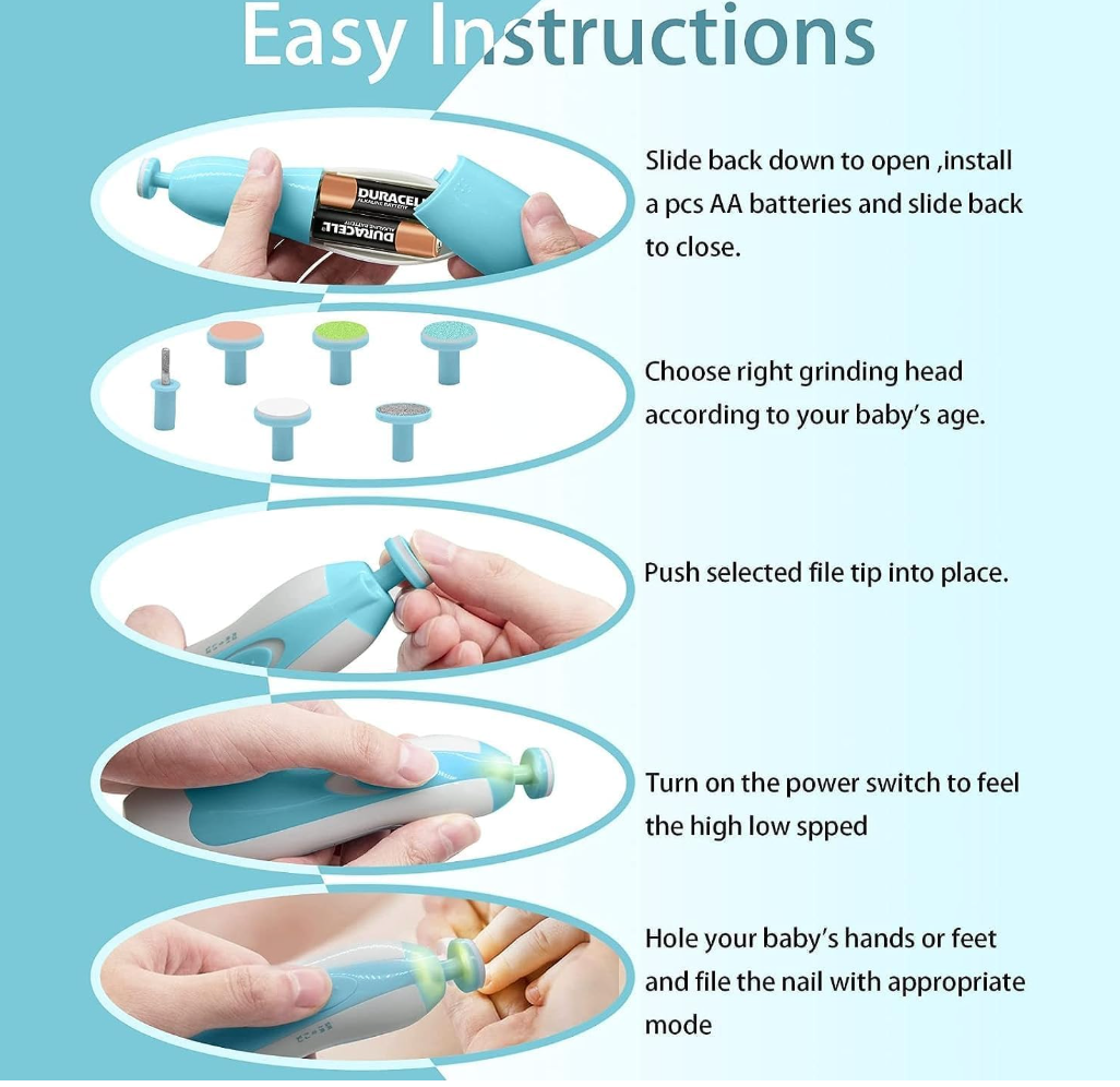 TinyTrim Electric Baby Nail Care Kit | 6-in-1 Baby Nail Trimmer with LED Light & Gentle Filing Heads for Newborns, Babies & Kids