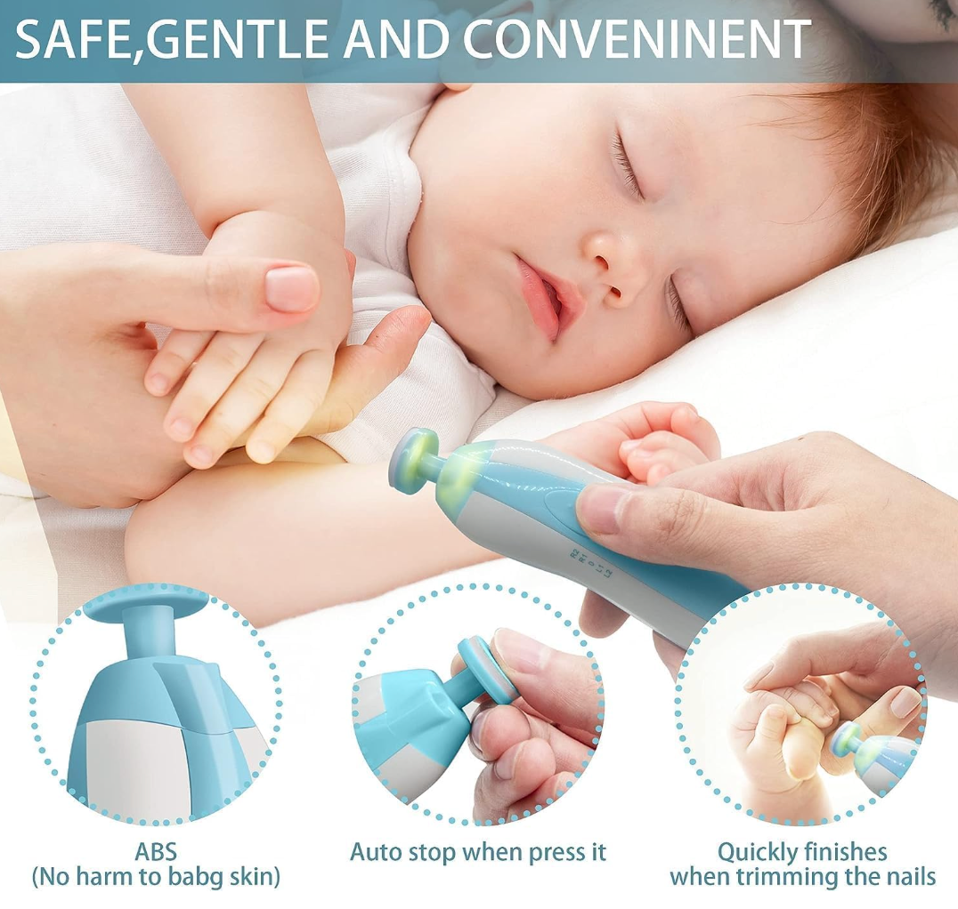TinyTrim Electric Baby Nail Care Kit | 6-in-1 Baby Nail Trimmer with LED Light & Gentle Filing Heads for Newborns, Babies & Kids