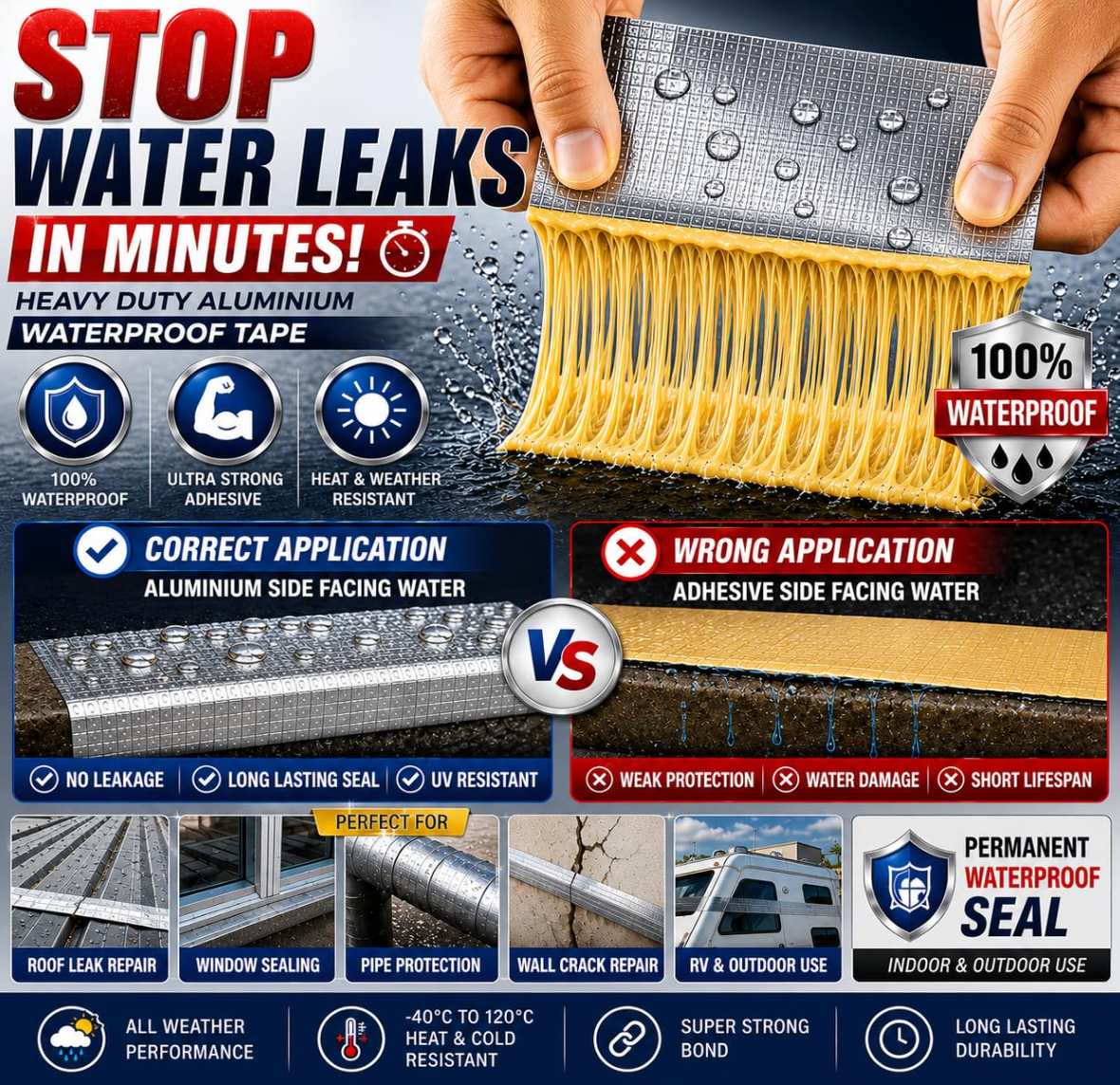 LeakShield Pro Waterproof Aluminium Foil Tape | Pipe Leakage Fix, Roof Repair & Water Seal Tape